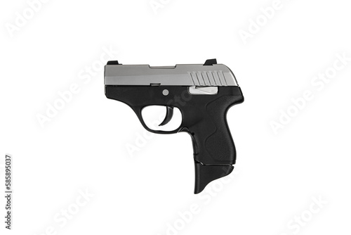 Modern silver semi-automatic pistol. A short-barreled weapon for self-defense. A small weapon for concealed carry. Isolate on a white back. © solidmaks