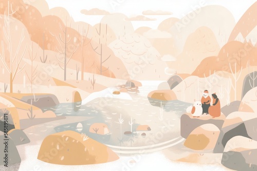 Charming and delightful illustration of a serene fresh water river surrounded by snow-covered rocks, bathed in warm and inviting pastel colors. Generative AI