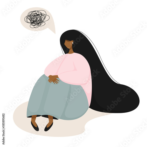 Young tired girl sits and sadly hugs her knees.Woman in depression with puzzled thoughts in her mind.Vector illustration