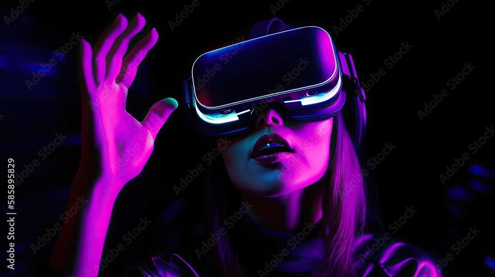 Female wearing a futuristic VR/AR headset at a party Female wearing a futuristic VR/AR headset at a party