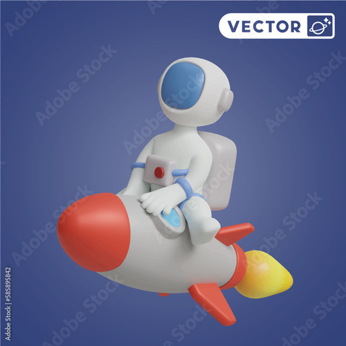 astronaut riding a rocket 3D vector icon set, on a navy blue background