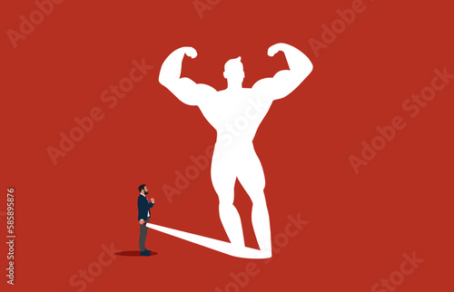 Business bodybuilding concept with businessman and flashlight. Symbol of ambition, motivation and inspiration. Modern vector illustration in flat style