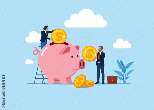 Business people putting coin a piggy bank money savings. Global business investment. Modern vector illustration in flat style