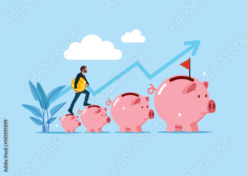 Businessman with money coin start step on piggy bank up. Invest in stock market, collecting wealth. Modern vector illustration in flat style