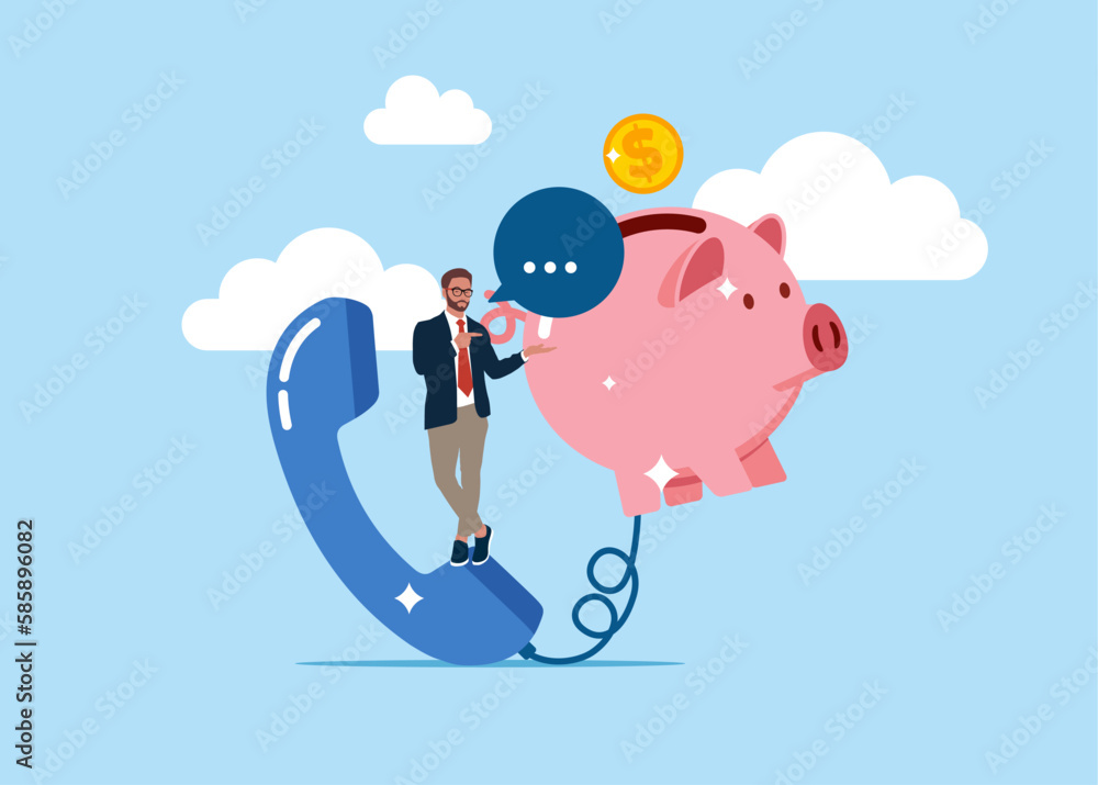 Telesales. Salesman with telephone connected to pink piggy bank. Modern vector illustration in flat style Telesales. Salesman with telephone connected to pink piggy bank. Modern vector illustration in flat style