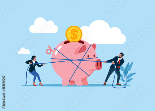 Foto Business people pulling a pink piggy bank with a rope