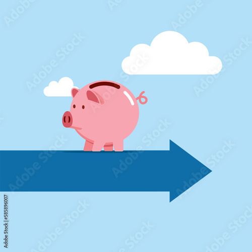 Pink piggy bank walking on arrow in wrong opposite direction of trend arrow. Modern vector illustration in flat style