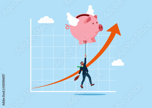 Flying pink piggy bank floats higher. Savings are growing. Modern vector illustration in flat style