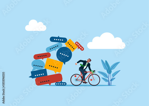 Businessman with bicycle running away from away from collapsing stack of messages and spam. Modern vector illustration in flat style