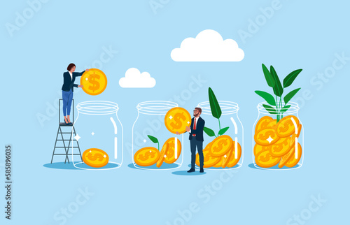 Money growing plant step with deposit coin in bank. Global business investment. Capital money growth. Flat vector illustration