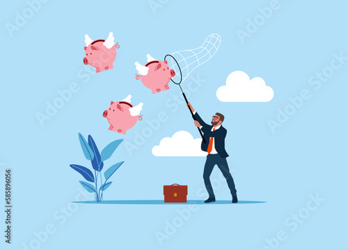 Businessman chasing to catch flying pink piggy bank. Modern vector illustration in flat style