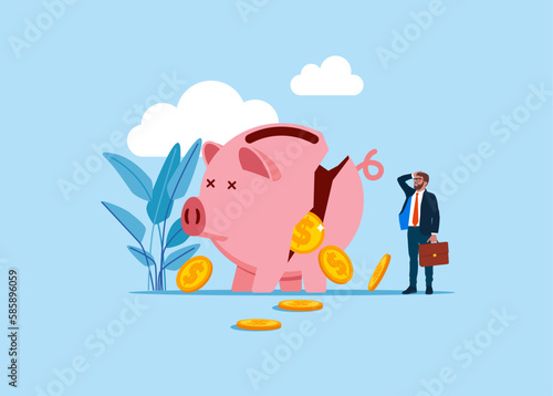 Bankruptcy. Businessman look at collapsing piggy bank with money. Flat vector illustration