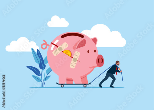 Businessman walking with bandage repaired pink piggy bank. Modern vector illustration in flat style