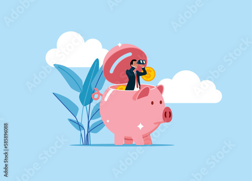 Businessman open pink piggy bank using binoculars to  searching for success concept. Modern vector illustration in flat style