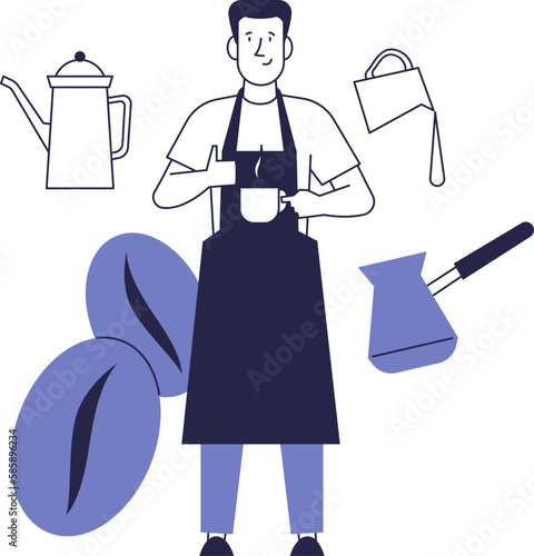 The barista prepares coffee. The barista prepares coffee. Vector concept on the theme of coffee.
