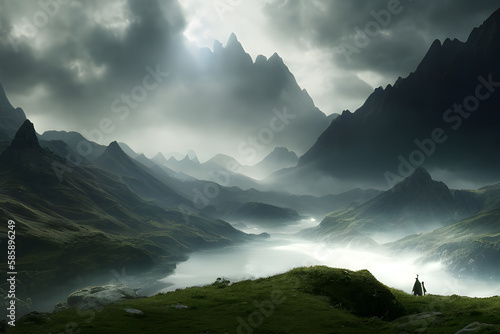 fantasy landscape with fog and mountains