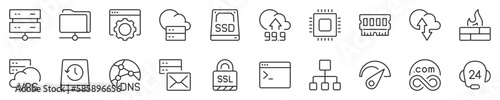 Hosting and cloud computing networks concepts, thin line icon set. Symbol collection in transparent background. Editable vector stroke. 512x512 Pixel Perfect.