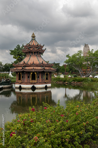 Architectural park of Oriental culture. Religious buildings of Thai history: palace and temple complexes. The exhibits are surrounded by ponds, tropical greenery and flowers