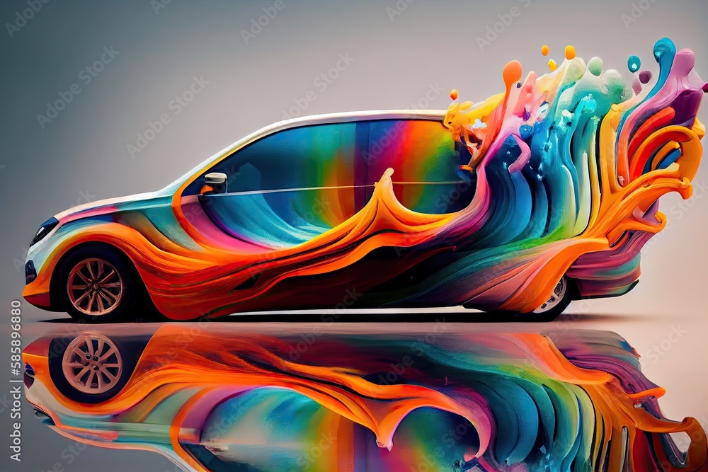 a rainbow paint that reflects on a car, making it look like a moving art piece., created with