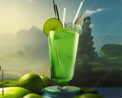 Lime green cocktail drink with two straws