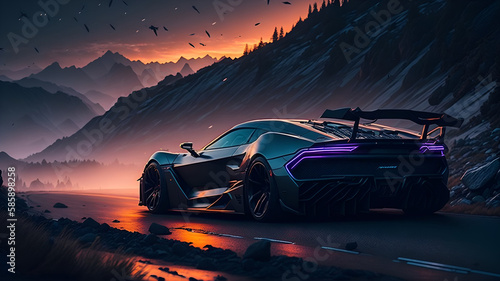 Wallpaper. Young driver. Speed. Beautiful scenery. Mountains. Fog. Sunset. Backlightning. Fireflies. National park. Cinematic. Ultrarealistic. Futuristic sports car neonlight. Cabriol. (Generative AI)
