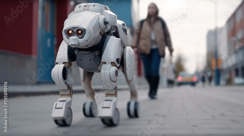 white dog robot walking city generative ai
