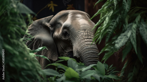 elephant animal peeking out of the jungle leaves generative ai