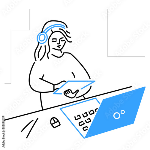 Woman wearing headphones working on laptop. Student listening to music and studying vector illustration
