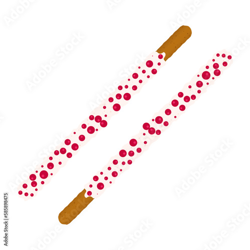 White chocolate chip cookie sticks dipped in sprinkles. Decorated popping candy for Pepero day in Korea. Frosted biscuits with different flavours. Vector illustration