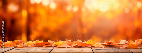 wooden table on the background of the autumn park. Generative AI,