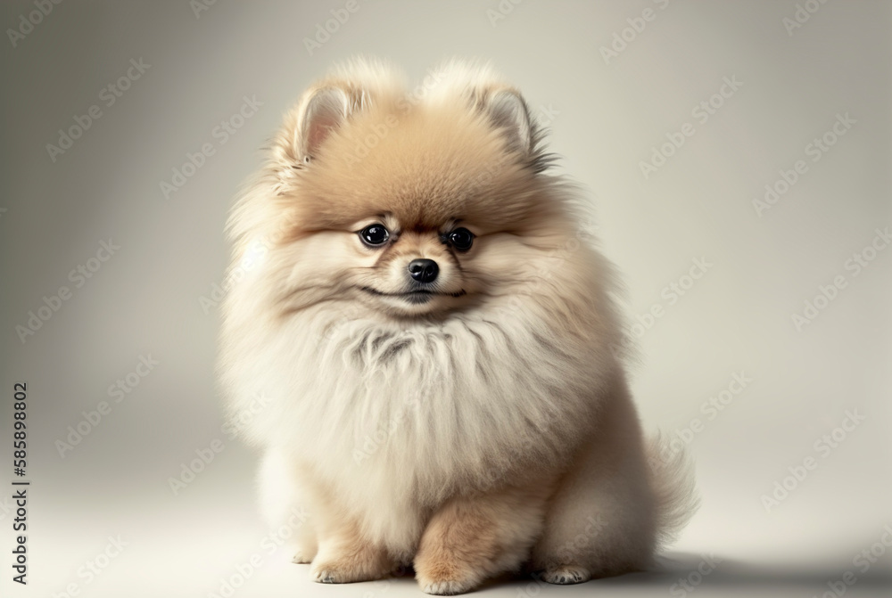 Pomeranian spitz, cream colored pomeranian dog, portrait of pomeranian spitz on light background, generative ai