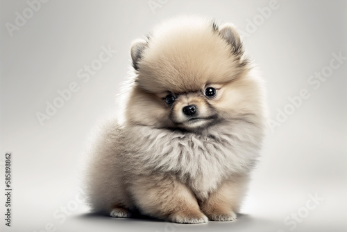 Pomeranian spitz, cream colored pomeranian dog, portrait of pomeranian spitz on light background, generative ai