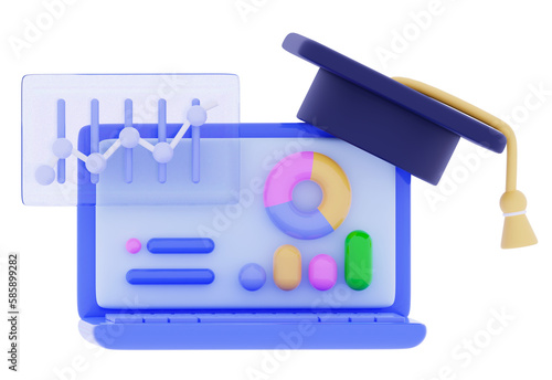 3d Laptop for classes with Graduate's hat E-learning Online education at home Data analysis SEO Optimization Minimal 3D rendering illustration