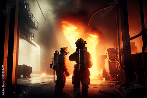 Firefighters in action. Fireman dangerous work in fire and flames. Generative Ai