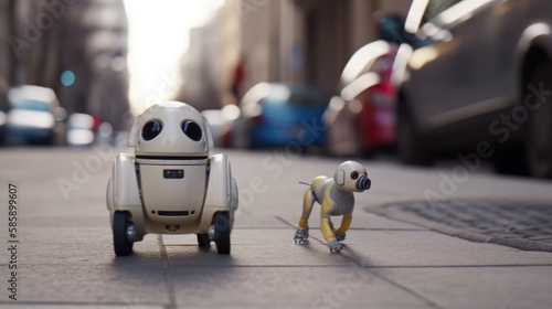 small robot dog walks along the city street generative ai