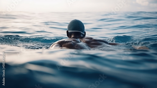 man in the water swims in the open ocean sea generative ai © Poter