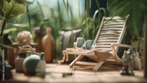sun lounger for relaxation, deck chair summer vacation generative ai