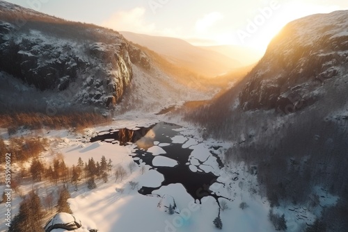 Drone view of a scenic Norway winter Landscape with a frozen lake and sunset in the distance. Generative AI