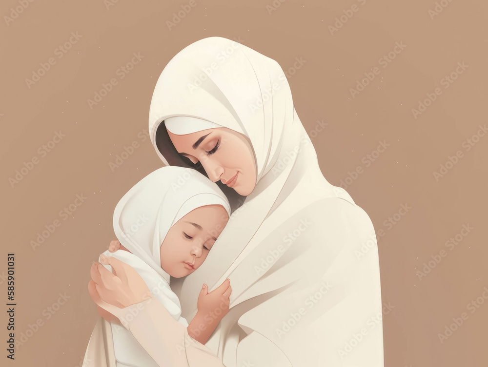 A mother in a white hijab embracing her andchild inspiring a future of kindness and love.. AI generation.