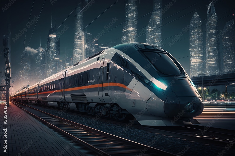 Fototapeta premium High speed train at station and cityscape at night on background. Generative AI