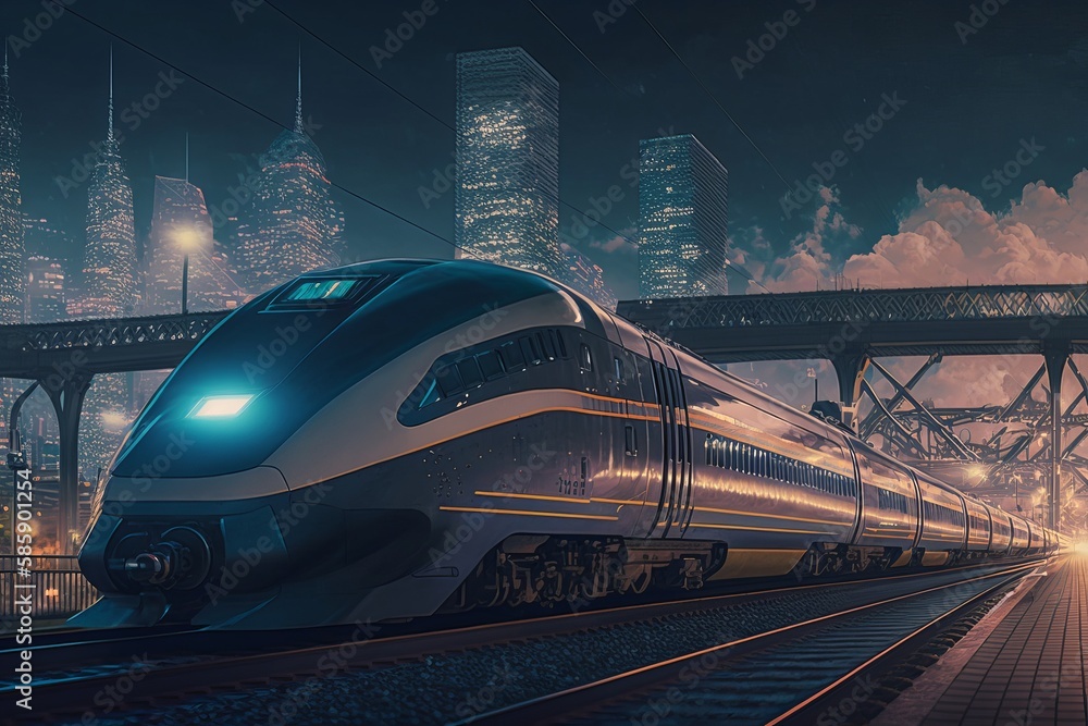 Naklejka premium High speed train at station and cityscape at night on background. Generative AI