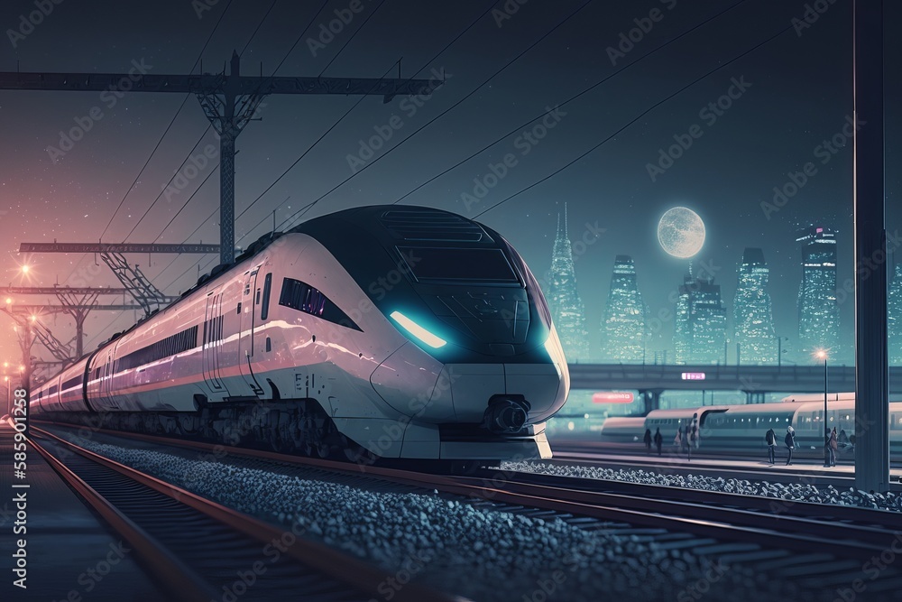 High speed train at station and cityscape at night on background. Generative AI