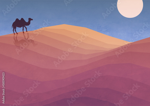 夜の砂漠とラクダの風景イラスト © soo.