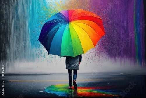 person, walking in the rainstorm with rainbow umbrella, bringing joy and happiness to others, created with generative ai photo