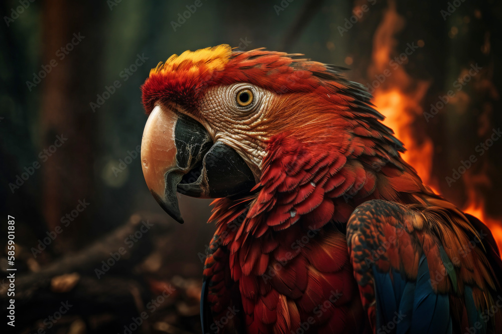 A red macaw with a burning background