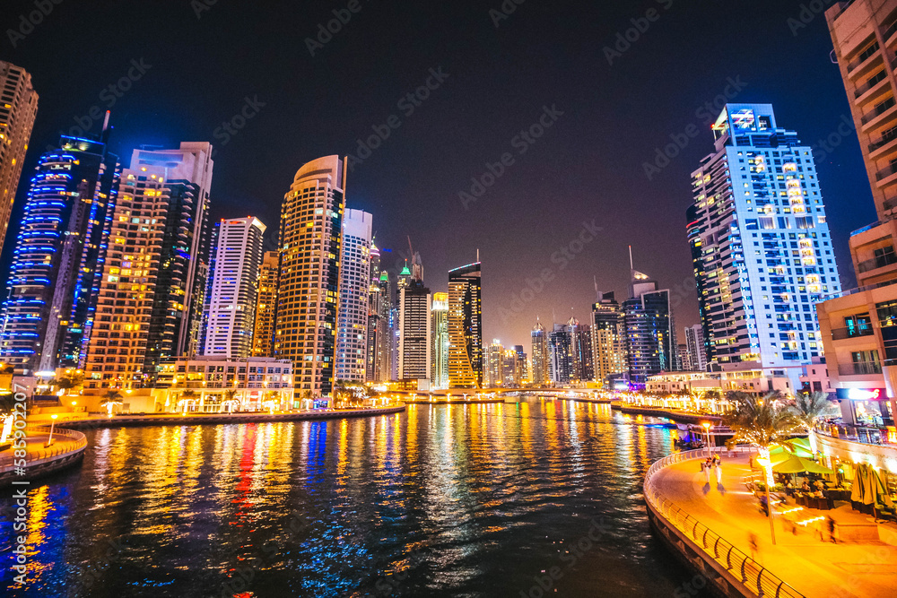 Dubai Marina Cityscape Night Panoramic View, United Arab Emirates