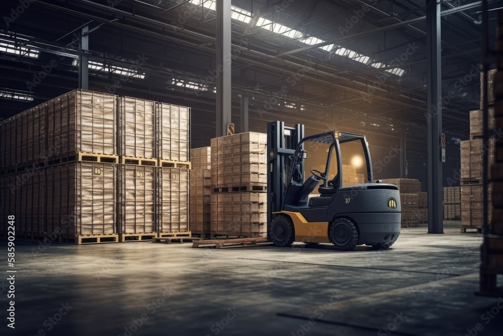Forklift stands in a warehouse next to pallets. Pallet stacker truck equipment. Generative AI 