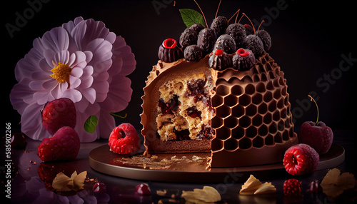 Luxury Bienestich Birthday Cake Decorated With Grapes and Cherries on Light Theme Background AI Generative photo