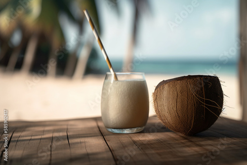 coconut water with a slightly blurred beach in the background, Generative AI