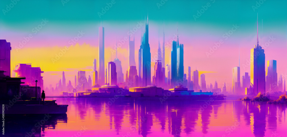 A Futuristic Cityscape on the Shoreline with a Purple Hue in the Distance Generative AI Art Illustration